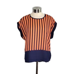 Women's Navy Blue & Orange Striped High Low Cap Sleeve Lightweight Blouse Size S